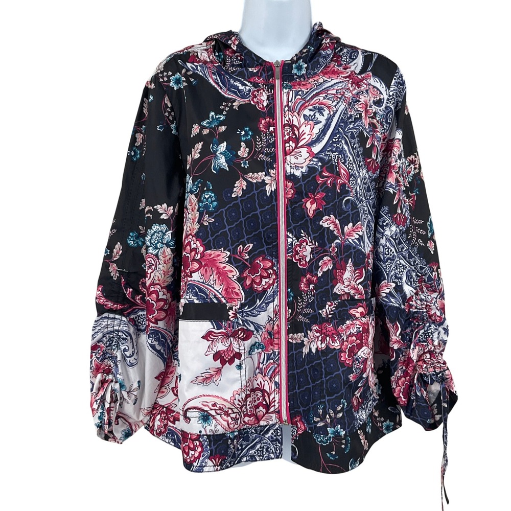 Chicos Zenergy Floral Paisley Hooded Windbreaker Jacket‎ Womens Sz 2 US M